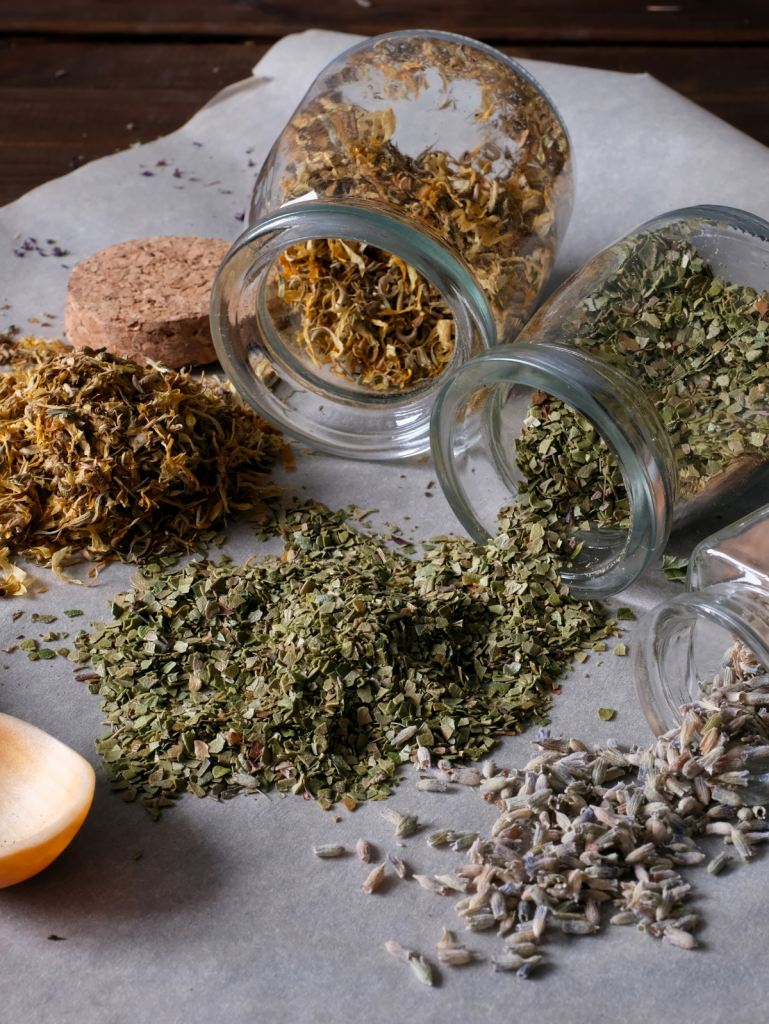 dried herbs in jars