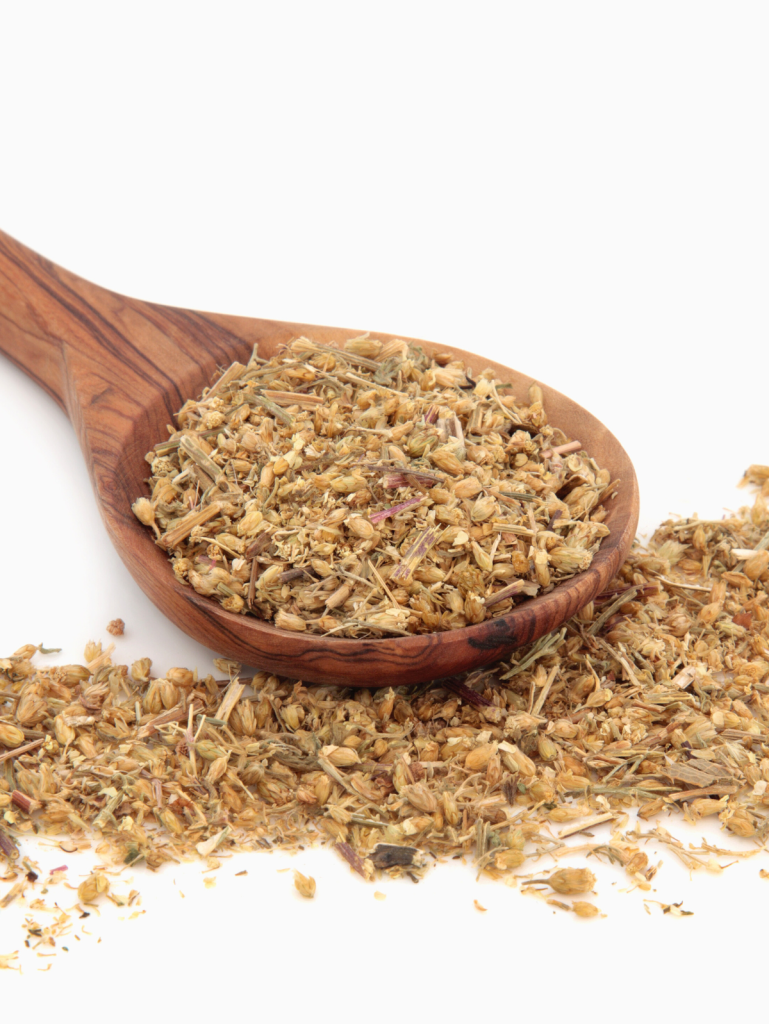 dried yarrow on a wooden spoon