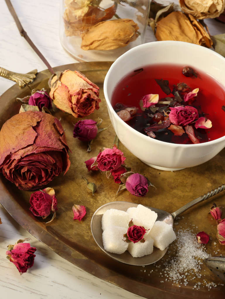 rose tea in a cup on a tray